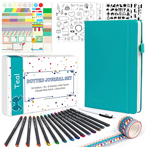 feela Dotted Journal Kit, Dot Grid Journal Hardcover Planner Notebook Set For Beginners Women Girls Note Taking with Journaling Supplies Stencils Stickers Pens Accessories, A5, 224 Pages, Teal