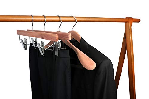 TOPIA HANGER 10 Pack American Red Cedar Natural Wooden Pants Skirt Slacks Bottoms Jeans Hangers with Metal Anti-Wrinkle Adjustable Clips, 360° Stronger Chrome Hooks - CT07P