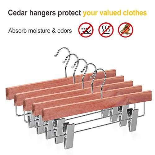 TOPIA HANGER 10 Pack American Red Cedar Natural Wooden Pants Skirt Slacks Bottoms Jeans Hangers with Metal Anti-Wrinkle Adjustable Clips, 360° Stronger Chrome Hooks - CT07P