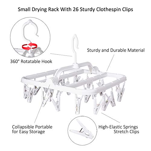 Annaklin Foldable Clip Hangers with 26 Drying Clips, Underwear Hanger with Clips, Plastic Laundry Clip and Drip Drying Hanger for Socks, Bras, Lingerie, Clothes, Sturdy, White