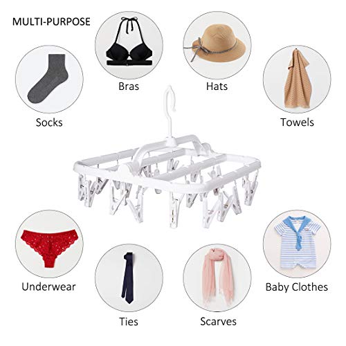 Annaklin Foldable Clip Hangers with 26 Drying Clips, Underwear Hanger with Clips, Plastic Laundry Clip and Drip Drying Hanger for Socks, Bras, Lingerie, Clothes, Sturdy, White