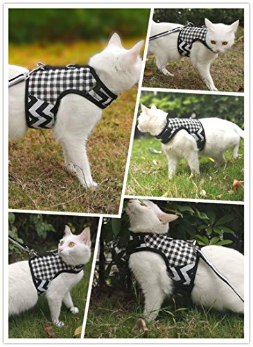 Yizhi Miaow Cat Harness and Leash for Walking Escape Proof, Adjustable Cat Walking Vest Harness, Stylish Cat Jacket Black Plaid, Large