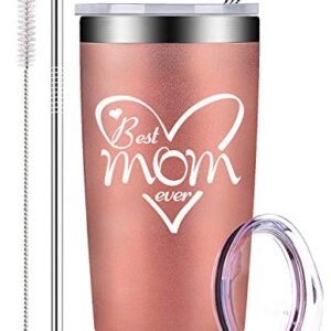 AMIGOO Best Mom Ever - Stainless Steel Mug Tumbler with Lid and Straw, Insulated Travel Coffee Cup Mothers Birthday Gifts for Her Mom Women Ladies (20 oz, Rose Gold)