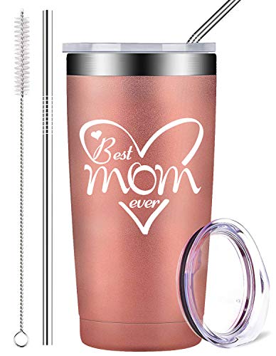 AMIGOO Best Mom Ever - Stainless Steel Mug Tumbler with Lid and Straw, Insulated Travel Coffee Cup Mothers Birthday Gifts for Her Mom Women Ladies (20 oz, Rose Gold)