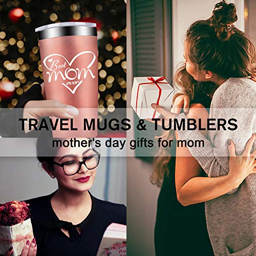 AMIGOO Best Mom Ever - Stainless Steel Mug Tumbler with Lid and Straw, Insulated Travel Coffee Cup Mothers Birthday Gifts for Her Mom Women Ladies (20 oz, Rose Gold)