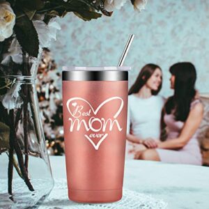 AMIGOO Best Mom Ever - Stainless Steel Mug Tumbler with Lid and Straw, Insulated Travel Coffee Cup Mothers Birthday Gifts for Her Mom Women Ladies (20 oz, Rose Gold)