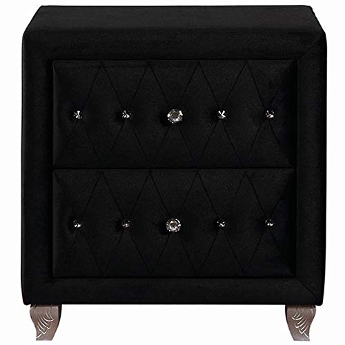 Coaster Furniture Deanna Modern Glam 2 Drawer Upholstered Nightstand Bedroom Bedside Table Storage Drawers Crystal Button Tufted Black Velvet Fabric Chrome 206102