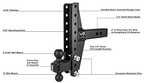 BulletProof Hitches 2.5" Adjustable Extreme Duty (36,000lb Rating) Offset 4" & 6" Drop/Rise Trailer Hitch with 2" and 2 5/16" Dual Ball (Black Textured Powder Coat, Solid Steel)