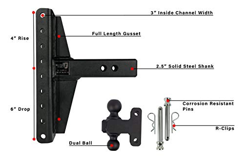 BulletProof Hitches 2.5" Adjustable Extreme Duty (36,000lb Rating) Offset 4" & 6" Drop/Rise Trailer Hitch with 2" and 2 5/16" Dual Ball (Black Textured Powder Coat, Solid Steel)