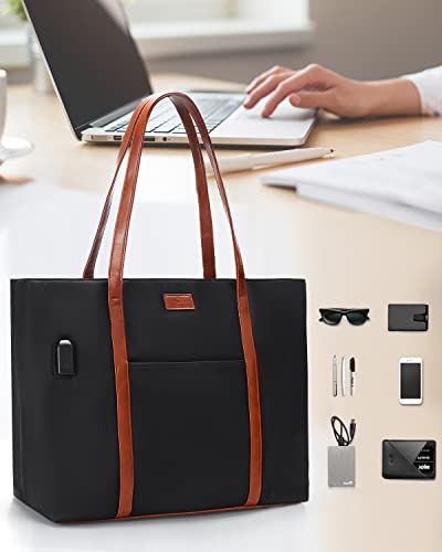 Laptop Tote Bag for Women Teacher Work Office USB Bags Fits 15.6 inches Laptop Lightweight Water Resistant Nylon Tote Bag (Black and Brown Strap)