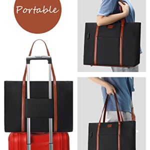 Laptop Tote Bag for Women Teacher Work Office USB Bags Fits 15.6 inches Laptop Lightweight Water Resistant Nylon Tote Bag (Black and Brown Strap)