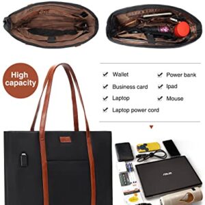 Laptop Tote Bag for Women Teacher Work Office USB Bags Fits 15.6 inches Laptop Lightweight Water Resistant Nylon Tote Bag (Black and Brown Strap)