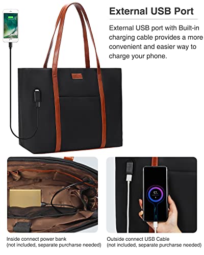 Laptop Tote Bag for Women Teacher Work Office USB Bags Fits 15.6 inches Laptop Lightweight Water Resistant Nylon Tote Bag (Black and Brown Strap)