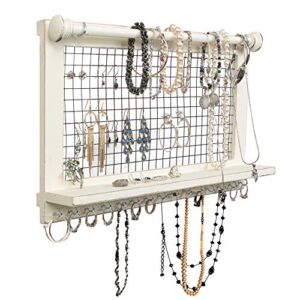 besti wooden wall mount organizer for jewelry - organizing accessories holder with rustic vintage design - bracelet rod, shelf, metal hooks - hanging storage and display for earrings, necklaces, rings