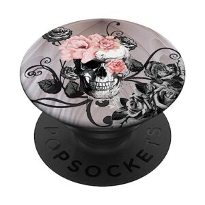 pink rose flowers art skull design for girls popsockets popgrip: swappable grip for phones & tablets popsockets standard popgrip