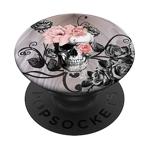 Pink Rose Flowers Art Skull Design for Girls PopSockets PopGrip: Swappable Grip for Phones & Tablets PopSockets Standard PopGrip