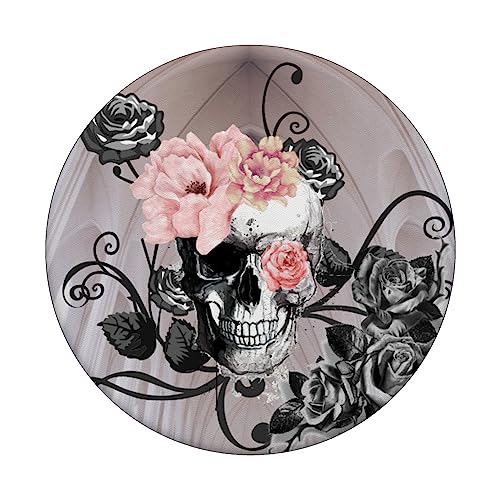 Pink Rose Flowers Art Skull Design for Girls PopSockets PopGrip: Swappable Grip for Phones & Tablets PopSockets Standard PopGrip