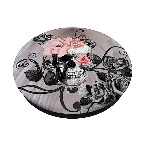 Pink Rose Flowers Art Skull Design for Girls PopSockets PopGrip: Swappable Grip for Phones & Tablets PopSockets Standard PopGrip