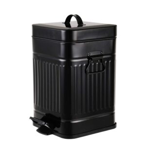 bathroom trash can with lid, small garbage bin for home bedroom, retro step wastebasket with soft close, vintage metal office trash can, 5 liter/ 1.3 gallon, glossy black