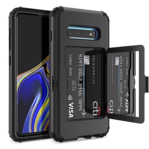 Samsung Galaxy S10 Plus Case Hard Case 3-Layer Shockproof Protection Cover Detachable Anti-Skid Multifunctional Cover Kickstand with Card Slot and Mirror for Samsung Galaxy S10 Plus Black