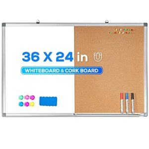 magnetic white board and bulletin cork board combination, 36 x 24 inch dry erase board bulletin combo board, hanging wall mounted message board corkboard for home, school, office