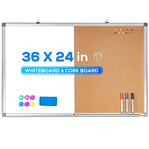 Magnetic White Board and Bulletin Cork Board Combination, 36 x 24 Inch Dry Erase Board Bulletin Combo Board, Hanging Wall Mounted Message Board Corkboard for Home, School, Office