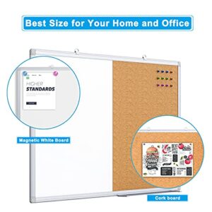 Magnetic White Board and Bulletin Cork Board Combination, 36 x 24 Inch Dry Erase Board Bulletin Combo Board, Hanging Wall Mounted Message Board Corkboard for Home, School, Office