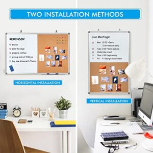 Magnetic White Board and Bulletin Cork Board Combination, 36 x 24 Inch Dry Erase Board Bulletin Combo Board, Hanging Wall Mounted Message Board Corkboard for Home, School, Office