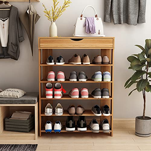 soges 5-Tier Wooden Shoe Rack with Storage Cabinet, 29.5 inches Vertical Free Standing Shoe Shelf, Shoe Organizer Storage Cabinet for Entryway, Living Room, Hallway, Doorway, Teak