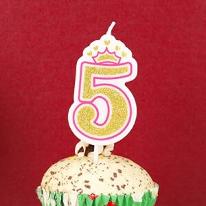 T-shin Glitter Number 5 Birthday Candle,Gold Number with Crown Candles,Long Thin Anniversary Candles Set,Party Supplies,Cake Decoration (Gold-5)