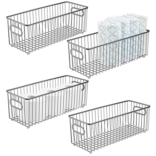 mDesign Deep Metal Bathroom Storage Organizer Basket Bin - Farmhouse Wire Grid Design - for Cabinets, Shelves, Closets, Vanity Countertops, Bedrooms, Under Sinks - 4 Pack - Graphite Gray