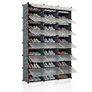 kousi portable shoe rack organizer 72 pair tower shelf storage cabinet stand expandable for heels, boots, slippers， 12-tiers black & transparent door
