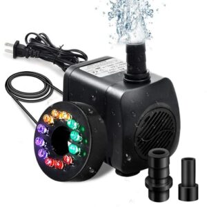 fountain pump with led lights, 220gph 15w submersible water fountain with 63" high lift for aquarium fish tank pond hydroponic 5.9ft power cord, 2 nozzles