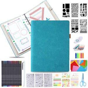 dotted journal kit, tebik a5 bullet grid journal loose leaf with 6 ring binder, 240 pages, 15 colored pens, stencils, stickers, tapes for journal diary schedule planner, 5.25" x 8.25" - teal