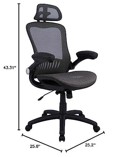 Amazon Basics Adjustable High-Back Mesh Chair with Flip-up Arms and Head Rest – Grey