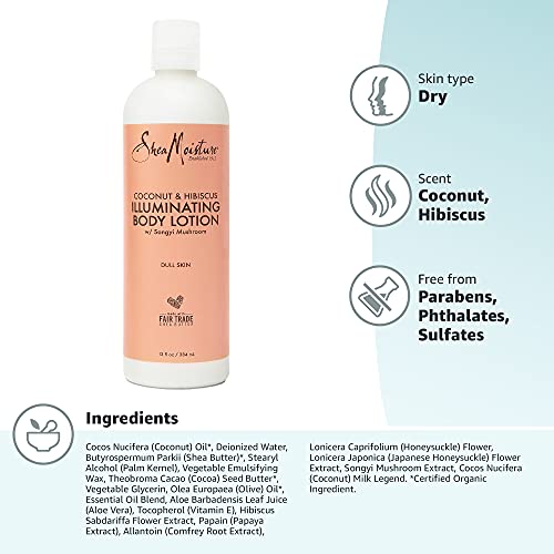 SheaMoisture Coconut Oil and Hibiscus Illuminating Body Lotion for Dull, Dry Skin, 13 Fl Oz