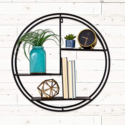 WHW Whole House Worlds Industrial Contemporary Round, Circle Shelf, Floating, Iron 3 Ledges, Wall Unit, Black, 21 1/2 Inches Diameter