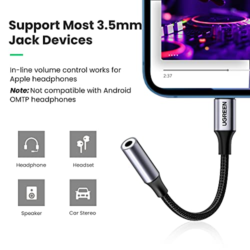 UGREEN Headphones Adapter for Apple, MFi Certified iPhone Lightning to 3.5mm Jack Converter for iPhone 12 Mini 12 Pro Max 11 Pro Max X XR XS, iPhone 7 7P 8 8P (Grey)