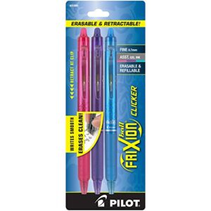 pilot® frixion clicker erasable gel pens, fine point, 0.7 mm, assorted barrels, assorted ink colors, pack of 3