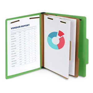 10 Green Classification Folders, 2 Divider, 2 Inch Tyvek expansions, Durable 2 Prongs Designed to Organize Standard Medical Files, Law Client Files, Office Reports, Letter Size, Green, 10 Pack