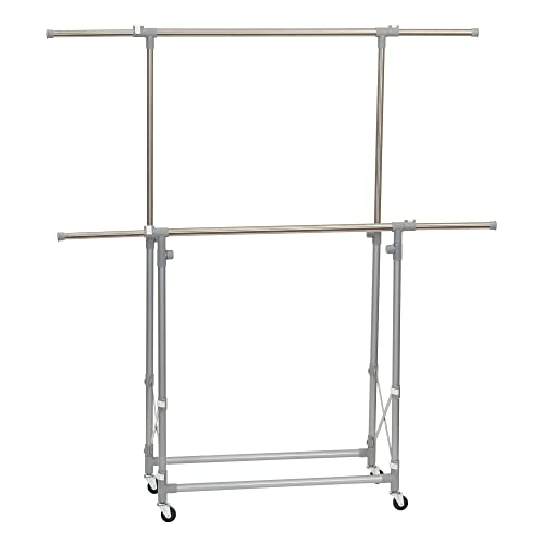 Household Essentials 3307-1 Folding Double Garment Rack with Wheels | Hang and Dry Clothes, Silver