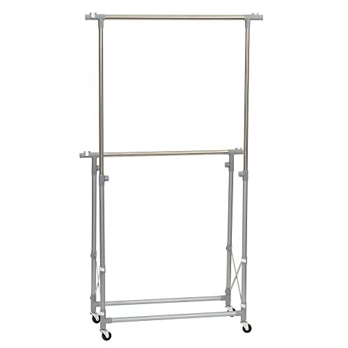 Household Essentials 3307-1 Folding Double Garment Rack with Wheels | Hang and Dry Clothes, Silver