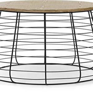 ClickDecor Lydia Matte Black Wireframe Coffee Table, Modern Farmhouse Round Living Room Accent Furniture Distressed Wood Finish Tabletop, Fully Assembled, Brown 23.6D x 23.6W x 19.7H in