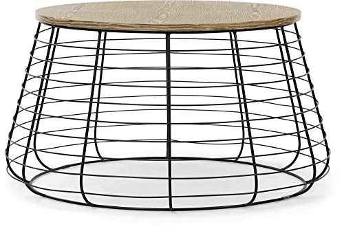 ClickDecor Lydia Matte Black Wireframe Coffee Table, Modern Farmhouse Round Living Room Accent Furniture Distressed Wood Finish Tabletop, Fully Assembled, Brown 23.6D x 23.6W x 19.7H in
