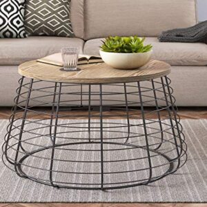 ClickDecor Lydia Matte Black Wireframe Coffee Table, Modern Farmhouse Round Living Room Accent Furniture Distressed Wood Finish Tabletop, Fully Assembled, Brown 23.6D x 23.6W x 19.7H in