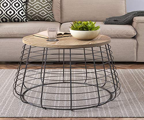 ClickDecor Lydia Matte Black Wireframe Coffee Table, Modern Farmhouse Round Living Room Accent Furniture Distressed Wood Finish Tabletop, Fully Assembled, Brown 23.6D x 23.6W x 19.7H in
