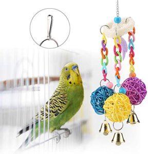 Pet Parrot Chewing Swing Toys Colorful Rattan Ball Hanging Decor with Bell for Bird Budgie Parakeet Cockatiels Conure Lovebird Finch Macaw African Grey Cockatoo