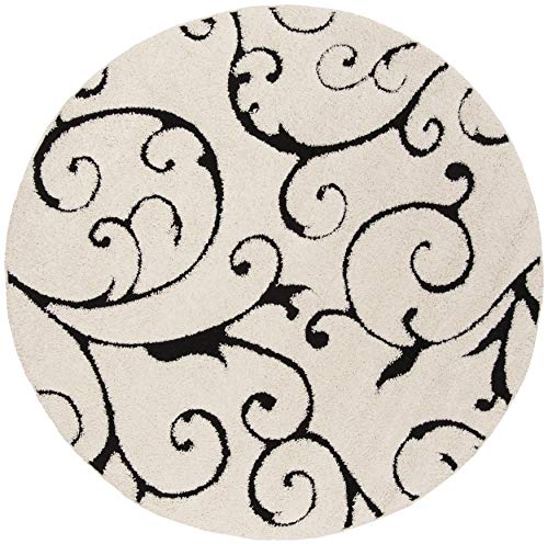 SAFAVIEH Florida Shag Collection Area Rug - 5' Round, Ivory & Black, Scroll Design, Non-Shedding & Easy Care, 1.2-inch Thick Ideal for High Traffic Areas in Living Room, Bedroom (SG455-1290)