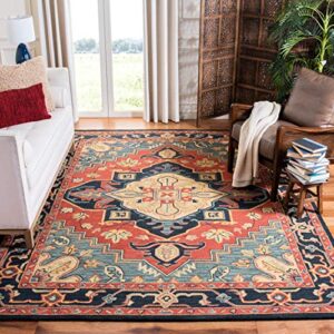 safavieh heritage collection accent rug - 4' x 6', red & navy, handmade traditional oriental wool, ideal for high traffic areas in entryway, living room, bedroom (hg920q)