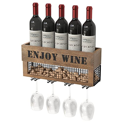 J JACKCUBE DESIGN Wine Rack Wall Mounted Wine Decor, 5 Wine Bottle Storage Shelf with 4 Stemware Wine Glass Holder Organizer, Cork Storage Display for Kitchen, Home Bar - MK450A